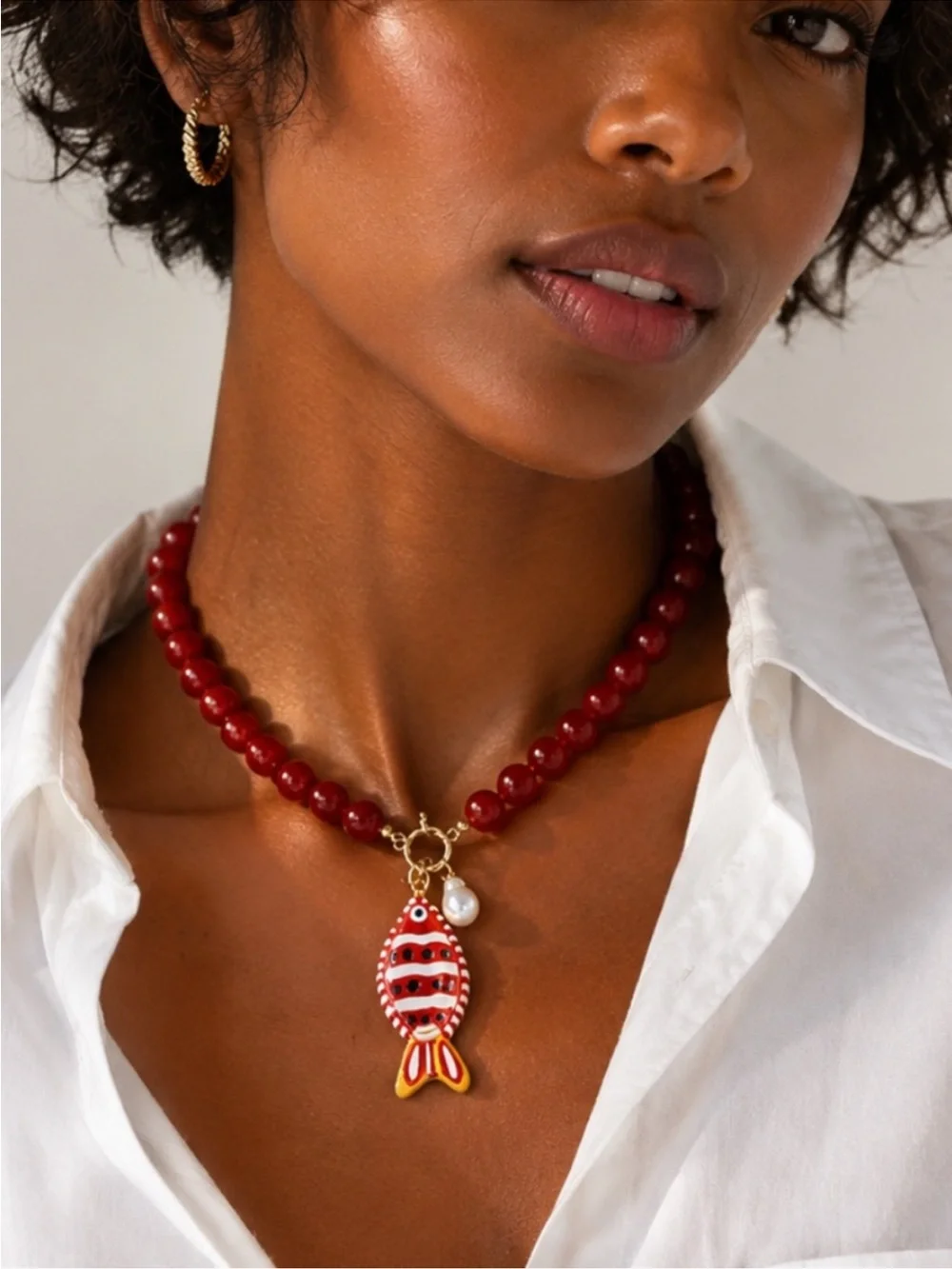 New! Red Beaded Fish Pendant Necklace - Women's Jewelry
